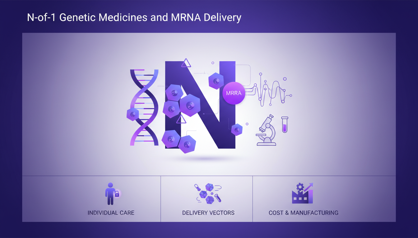 Illustration moderne de médicaments génétiques N-of-1 et livraison d'ARNm, symbolisant des soins personnalisés et des progrès technologiques.