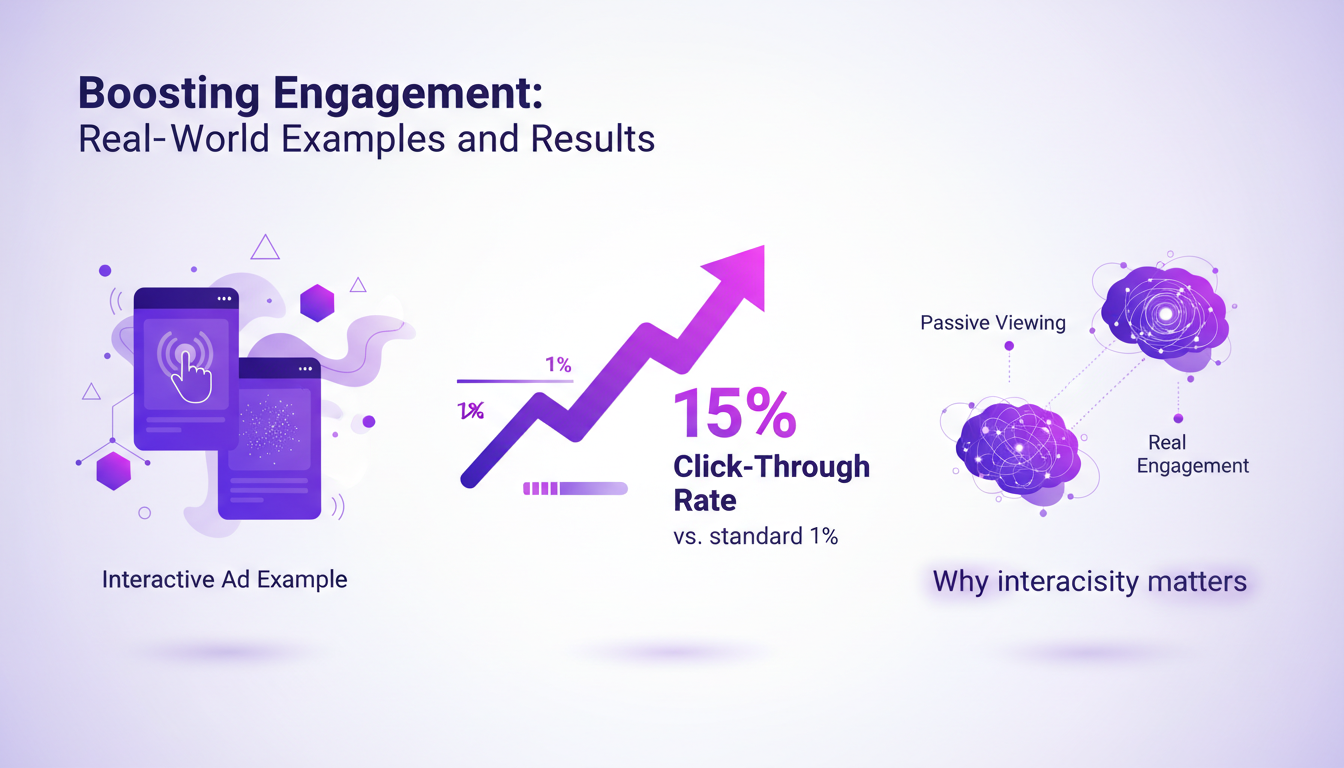 Modern illustration on engagement with successful interactive ad examples, 15% click-through rate, AI technology relevance.