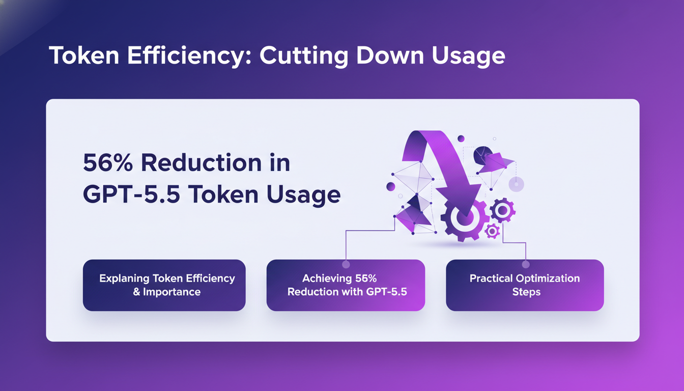 Modern illustration on token efficiency in AI, 56% reduction with GPT5.5, practical tips, indigo and violet palette.
