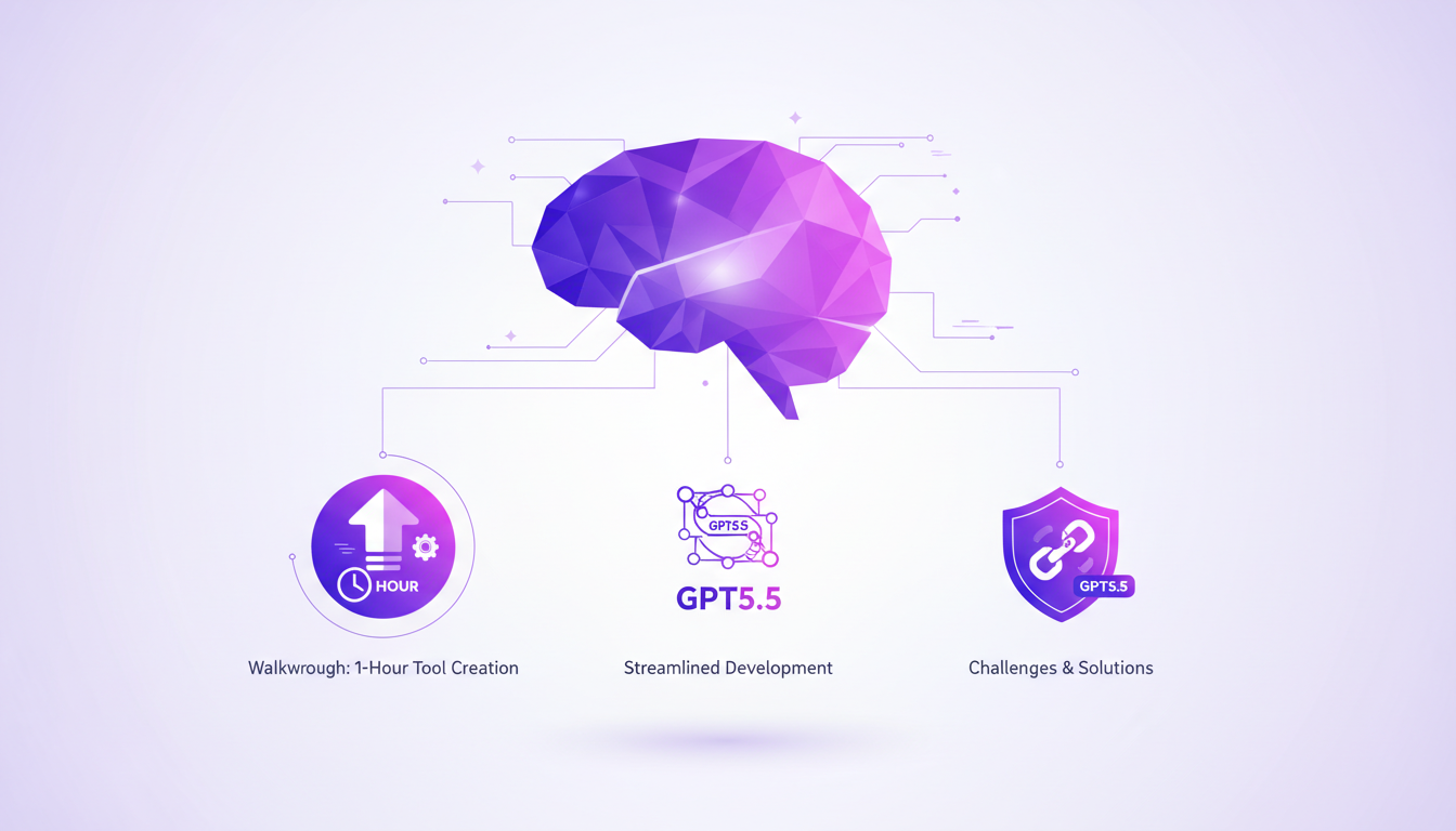 Modern illustration depicting building internal tools in one hour with GPT5.5, featuring geometric shapes and violet gradients.