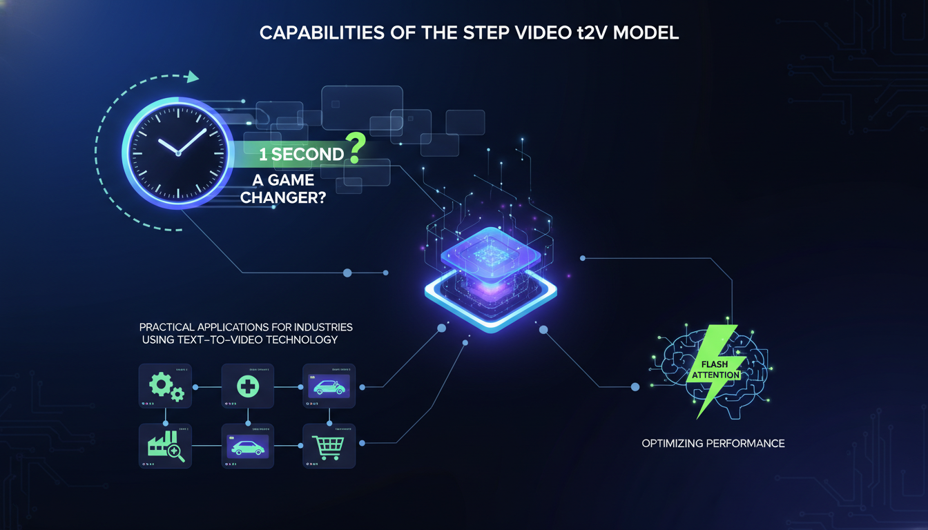Modern illustration of Step Video t2v Model's capabilities generating 200 frames in 1 second, revolutionizing AI industry.