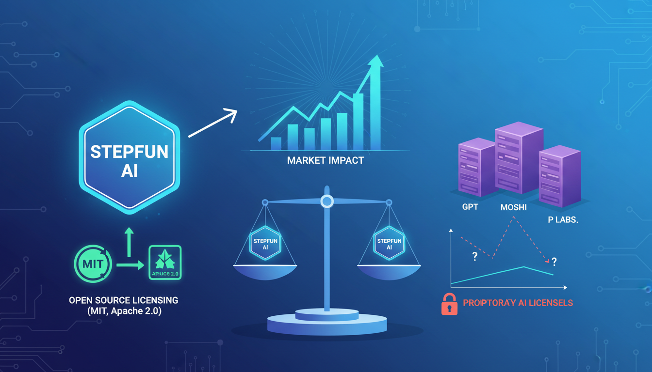 Modern illustration comparing StepFun AI with GPT, Moshi, and P Labs, highlighting open source MIT and Apache 2.0 licenses.