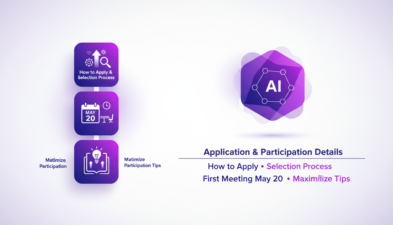 Modern illustration with geometric shapes and gradients depicting application and participation details, May 20th meeting, AI tips.