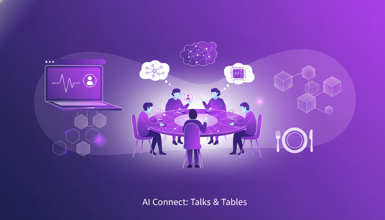 Modern illustration of online talks availability and community building with geometric shapes and gradients, highlighting AI technology.