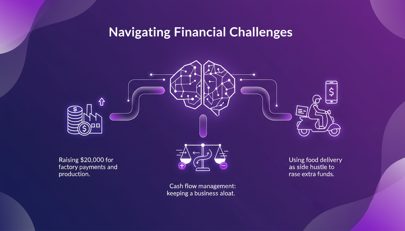 Modern illustration of financial challenges, featuring cash flow management, raising $20,000, and food delivery as a side hustle for extra income.