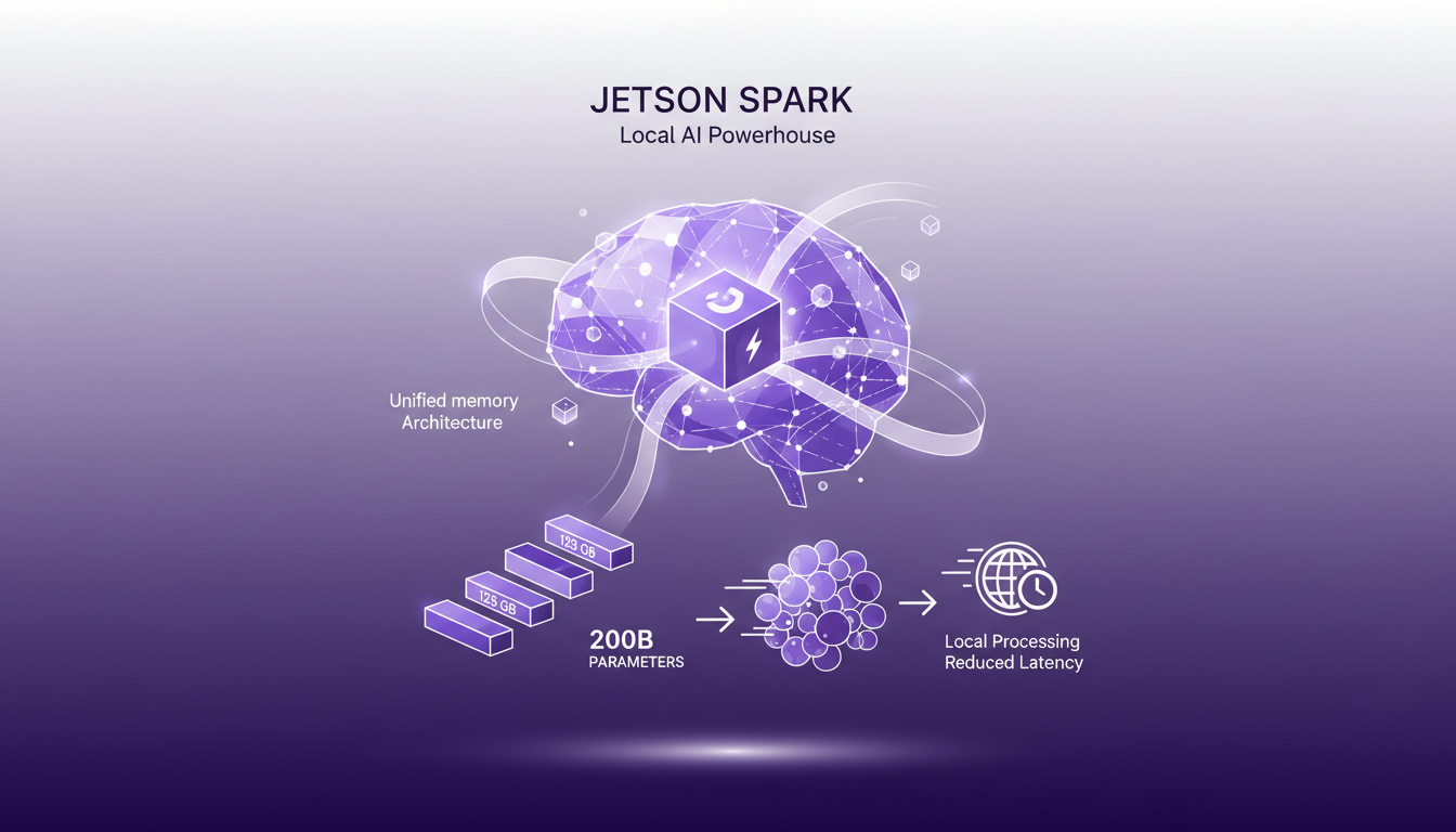Modern illustration of Jetson Spark with 128 GB unified memory for local AI development, reducing latency and enhancing user experience.