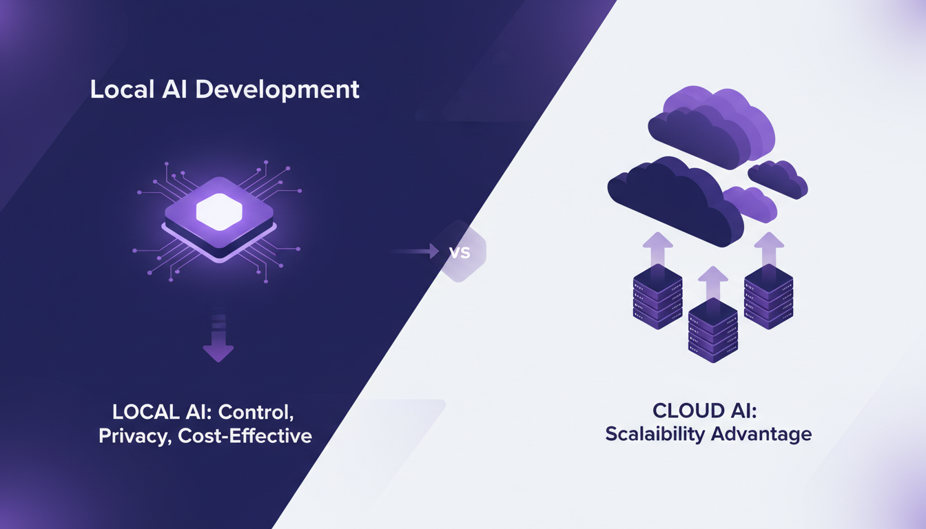 Modern illustration of Local AI Development vs Cloud Solutions, highlighting Jetson Spark for cost reduction and improved data privacy.