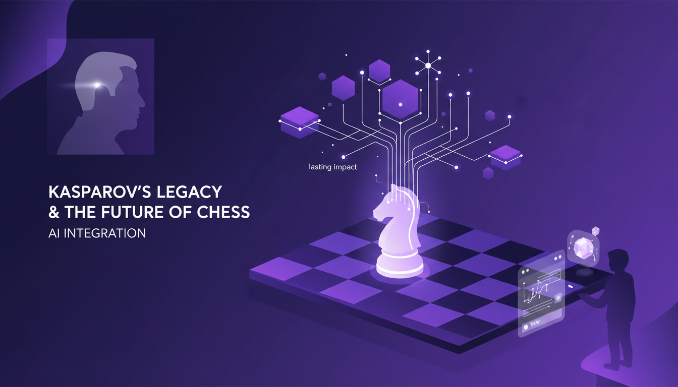 Illustration moderne de l'héritage de Kasparov et l'avenir des échecs avec intégration de l'IA, en indigo et violet.