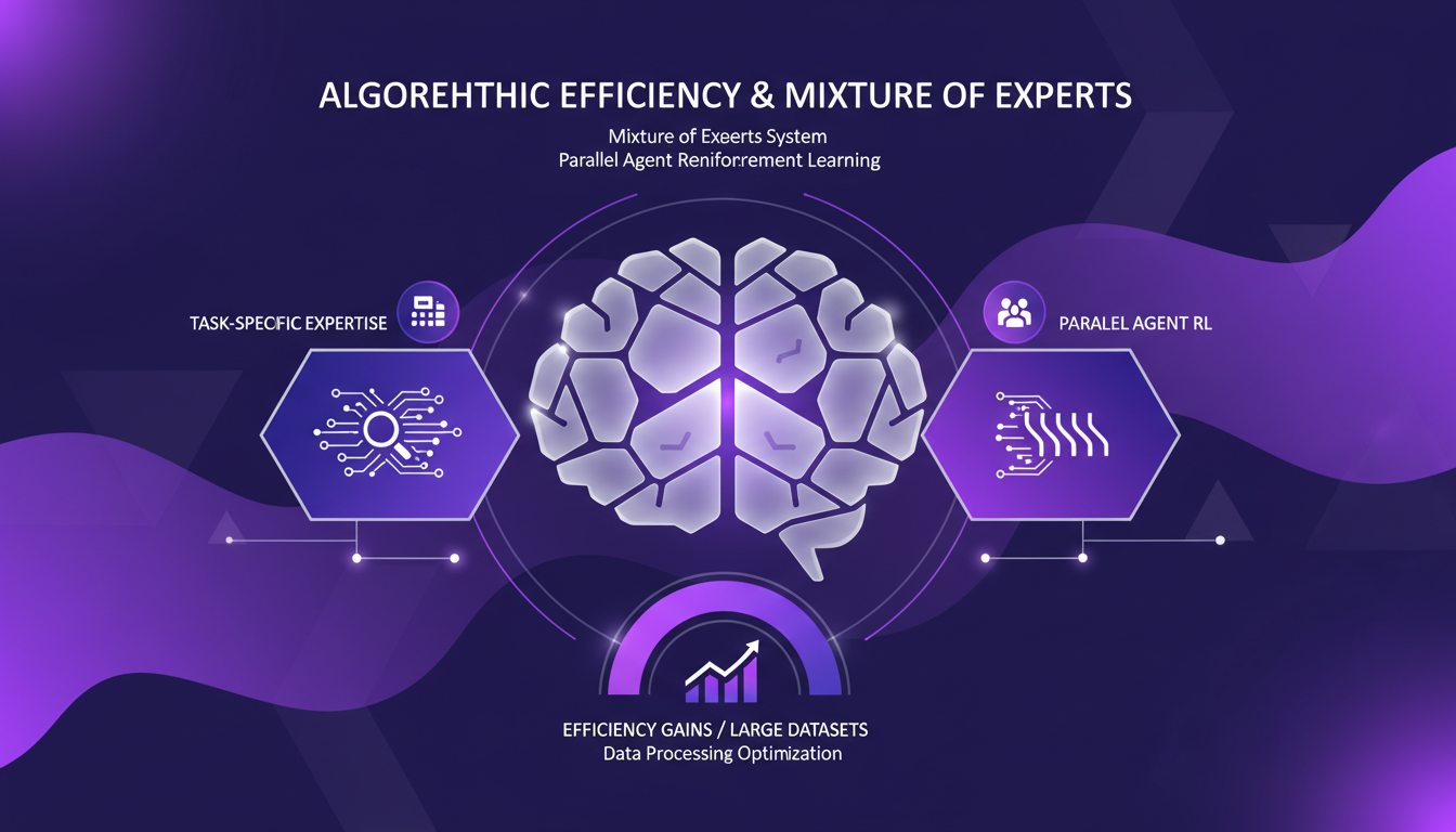 Modern illustration of algorithmic efficiency and mixture of experts in AI, featuring geometric shapes and indigo-violet gradients.