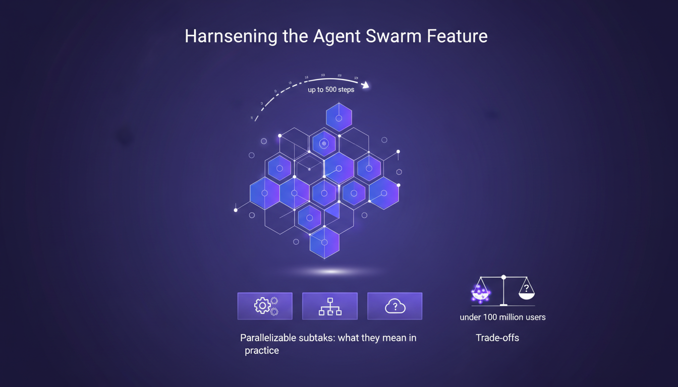 Modern minimalist illustration of the Agent Swarm feature, coordinating up to 500 steps with geometric shapes and gradient overlays.