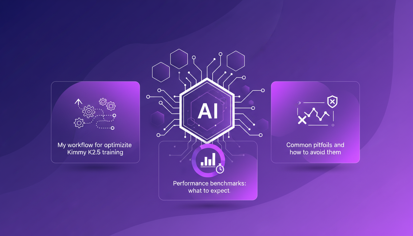 Modern illustration of training and performance insights with geometric shapes and violet gradients, optimizing Kimmy K2.5.