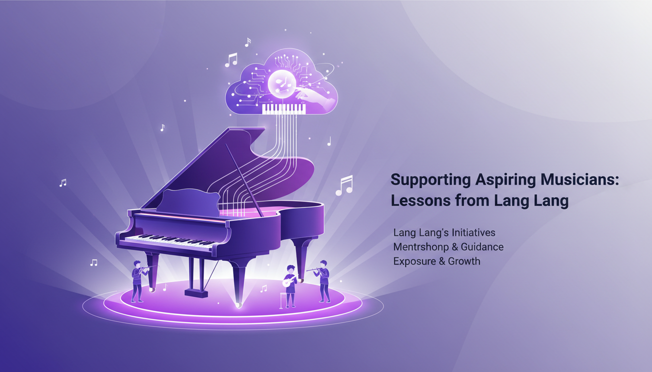 Modern minimalist illustration of supporting aspiring musicians with Lang Lang, highlighting mentorship and innovation.