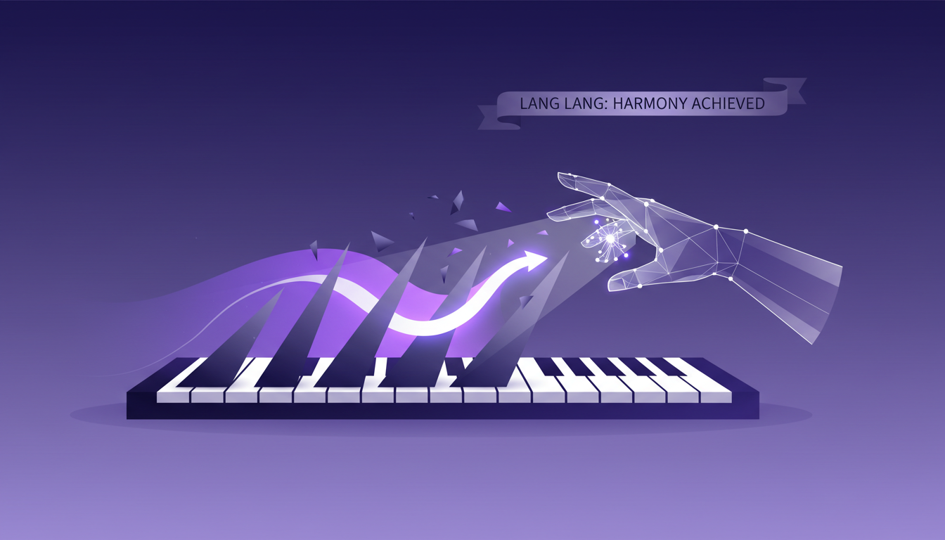 Modern illustration overcoming music career challenges, musician obstacles, Lang Lang's resilience, AI tech, indigo-violet palette.