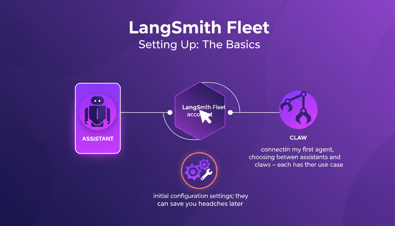 Modern illustration of setting up LangSmith Fleet with an intuitive interface and connected agents, in indigo and violet tones.