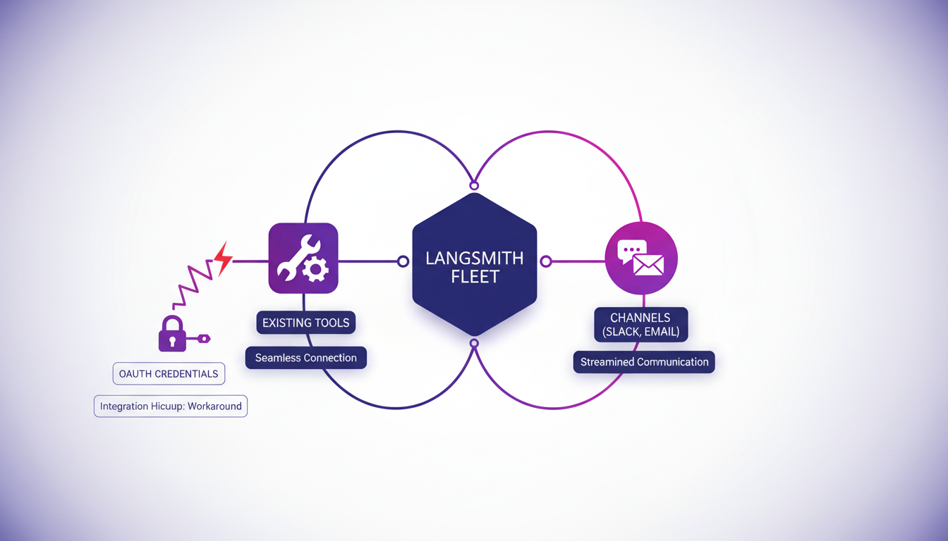 Modern illustration depicting LangSmith Fleet integration with tools and channels like Slack and email, in minimalist style.