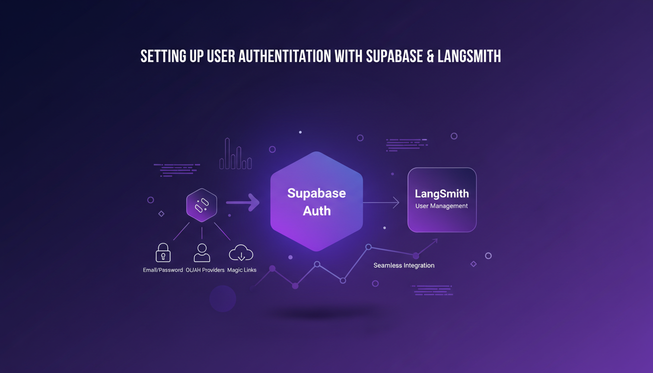 Modern illustration of user authentication with Supabase, LangSmith integration, AI technology, indigo and violet palette.