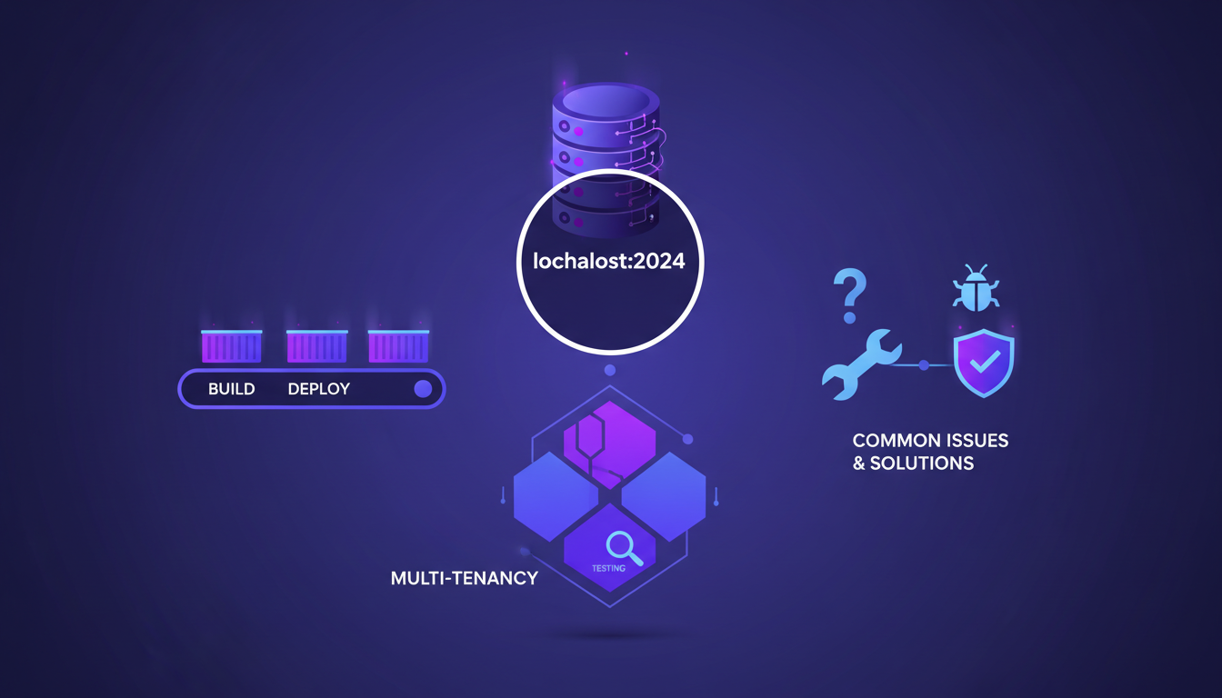 Modern illustration of local multi-tenancy deployment on localhost:2024, featuring deployment pipeline and solutions to common testing issues.