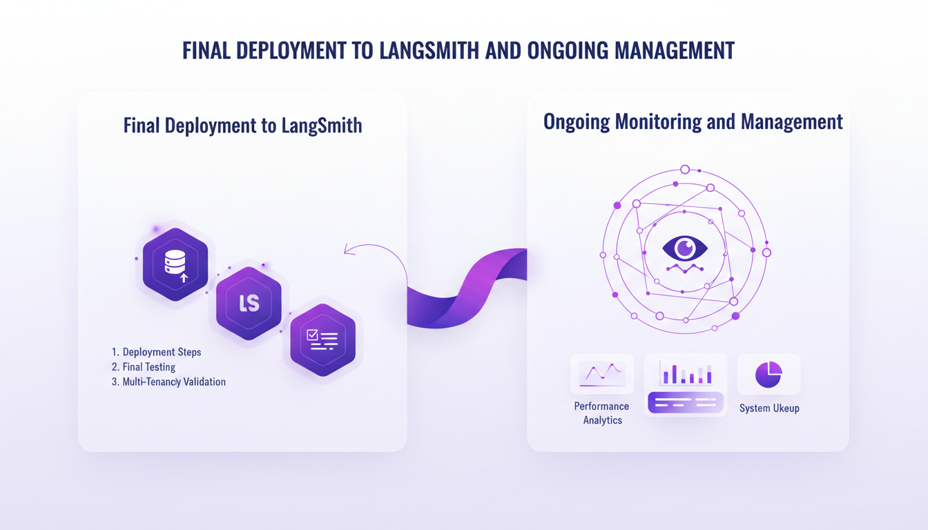 Modern minimalist illustration of final deployment to LangSmith with ongoing management, featuring geometric shapes and gradient overlays.