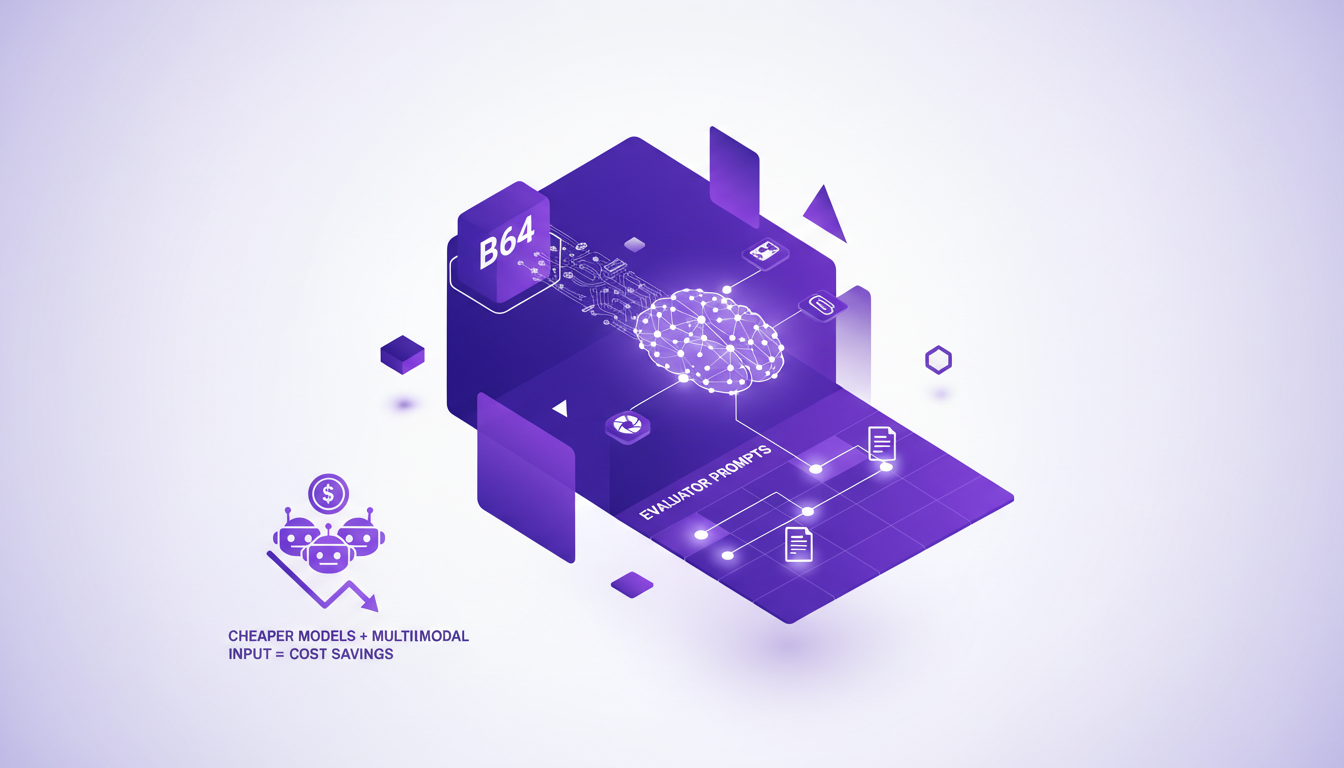 Modern illustration on decoding B64 format and attachments, featuring geometric shapes and violet gradients, relevant to AI tech.