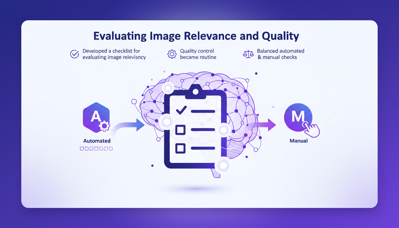 Modern illustration depicting image relevance and quality evaluation, featuring geometric shapes and violet gradients for a tech blog.