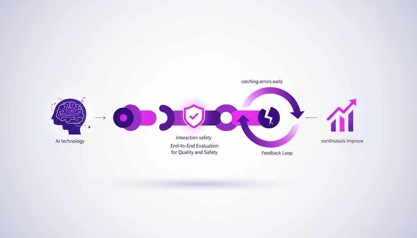 Modern illustration of end-to-end evaluation for quality and safety with geometric shapes and indigo, violet gradients.