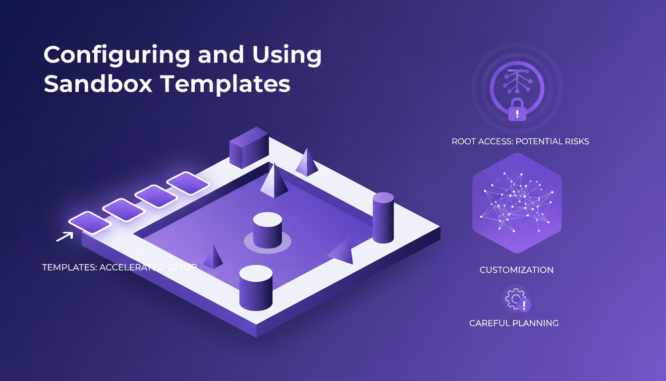 Illustration moderne de configuration de modèles Sandbox avec formes géométriques et nuances de violet, symbolisant innovation et efficacité.