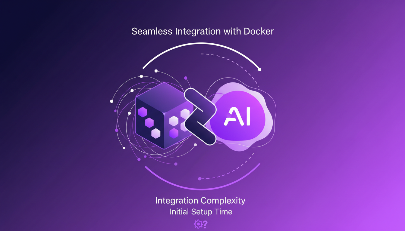 Illustration moderne de l'intégration Docker et OpenAI API, montrant des formes géométriques, ombres douces, lignes épurées.