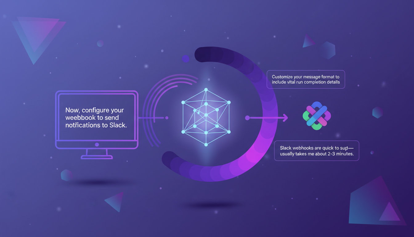 Modern illustration of sending notifications to Slack with geometric shapes and indigo gradients, depicting a configured webhook.