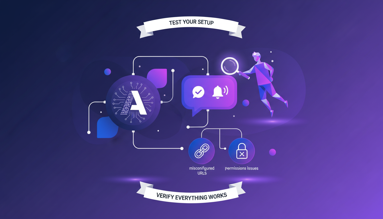 Modern illustration testing Slack notification setup, featuring geometric shapes and indigo-violet gradients, professional and minimalist.