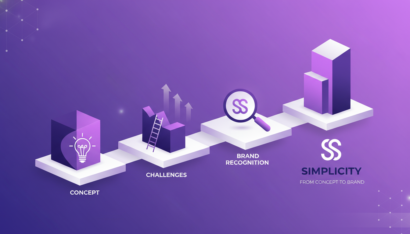 Illustration moderne de la création de la marque 'Simplicity', processus étape par étape, défis surmontés, reconnaissance de marque.