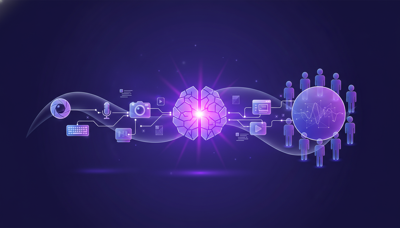 Illustration moderne et minimaliste de la puissance de la passion et de la création de contenu, avec des formes géométriques et des dégradés violets.