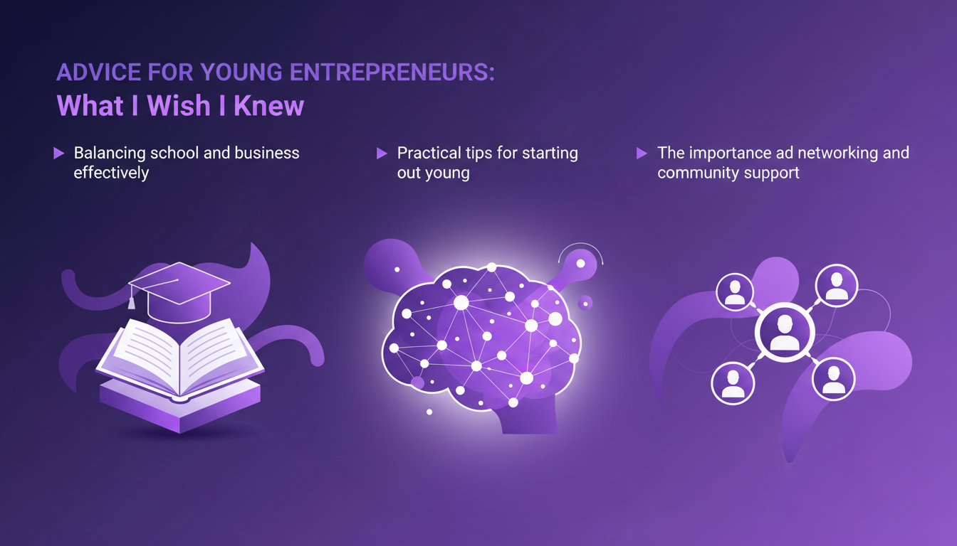 Illustration moderne pour jeunes entrepreneurs: conseils pratiques, équilibre école-affaires, importance du réseau, tons indigo et violet.