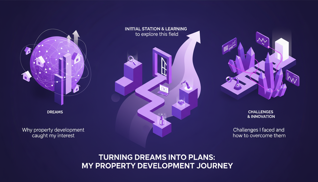 Modern minimalist illustration of property development, symbolizing turning dreams into plans with geometric shapes and violet gradients.