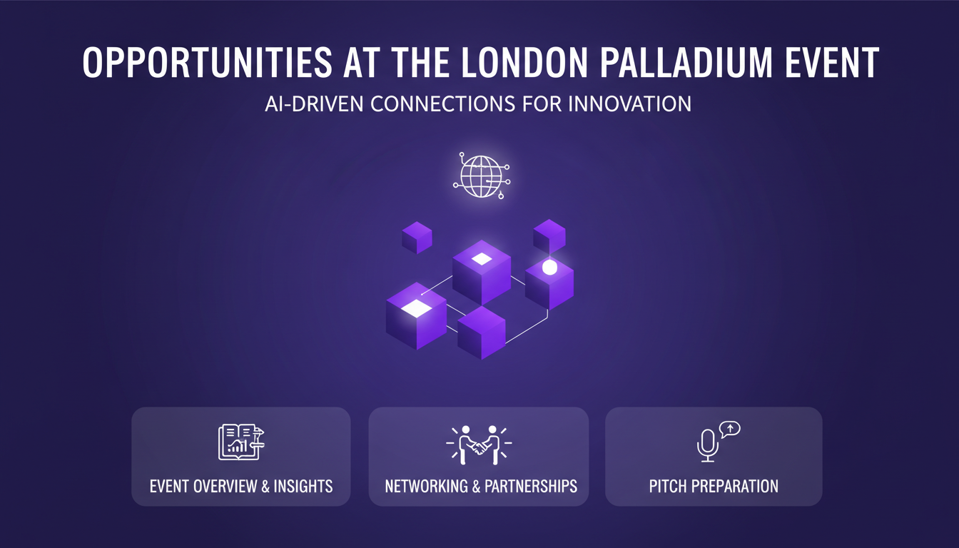 Modern, professional illustration of opportunities at London Palladium with geometric shapes, indigo/violet palette, highlighting AI tech.