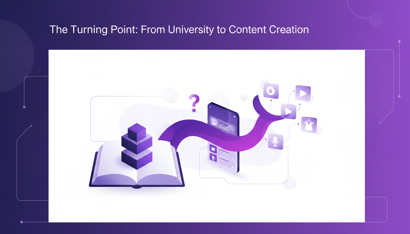 Illustration moderne de la transition de l'université à la création de contenu, mettant en avant le vlogging en marketing de mode.