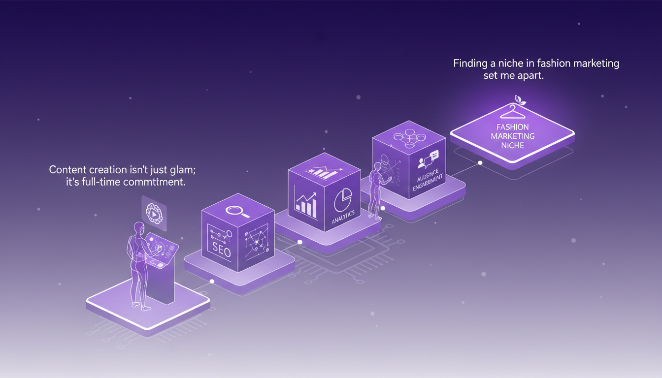 Illustration moderne et minimaliste sur la navigation des défis de création de contenu avec des formes géométriques et des dégradés violets.