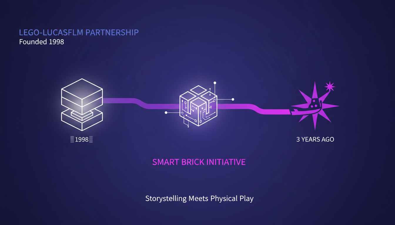 Illustration moderne de la collaboration LEGO-Lucasfilm, mettant en avant le projet Smart Brick et les sets Star Wars, avec des dégradés indigo et violet.
