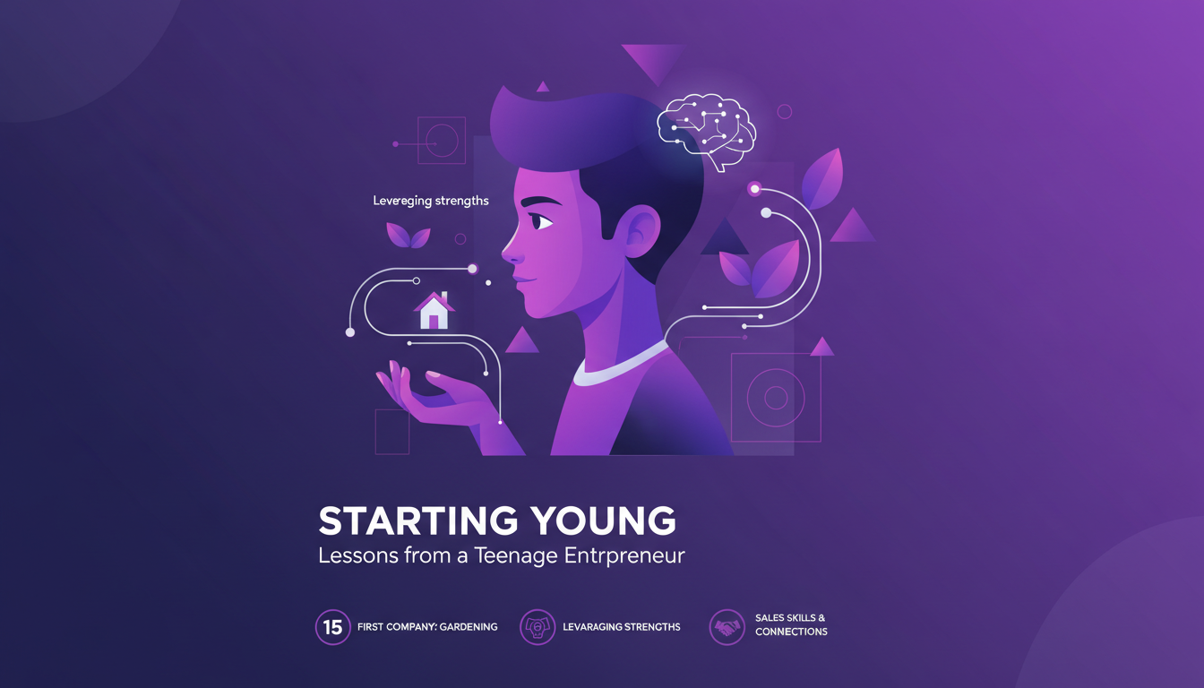 Illustration moderne d'un adolescent entrepreneur de 15 ans, fondant une entreprise de jardinage, avec des éléments géométriques et dégradés violets.