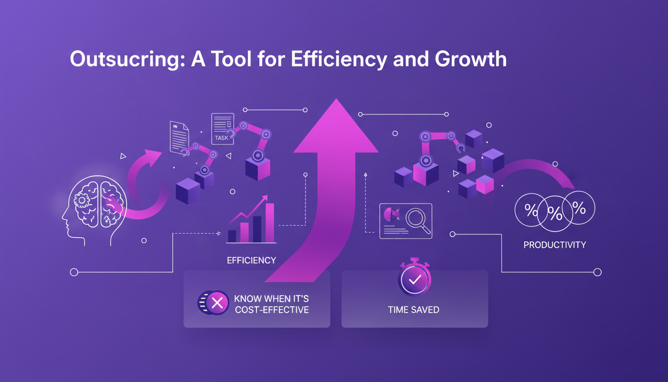 Illustration moderne de l'externalisation pour l'efficacité et la croissance, avec des formes géométriques et des couleurs indigo et violet.