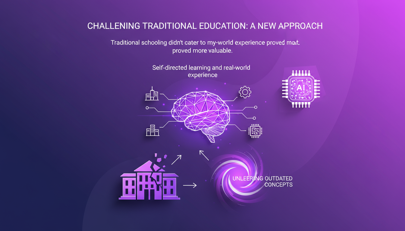 Illustration moderne minimaliste de l'éducation innovante, représentant l'apprentissage autodirigé et l'expérience réelle avec des formes géométriques et des dégradés violets.