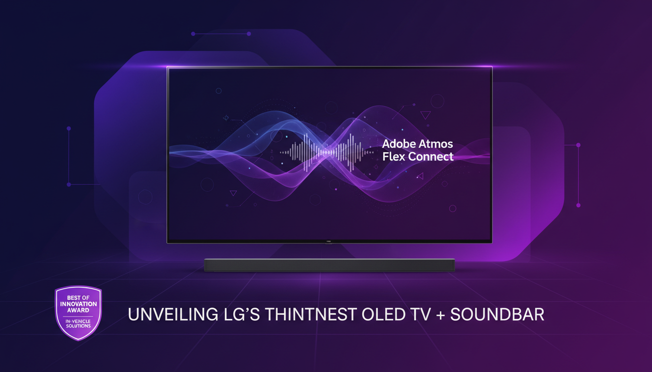 Illustration moderne de la TV OLED la plus fine de LG et barre de son avec Atmos Flex Connect, primée pour l'innovation.
