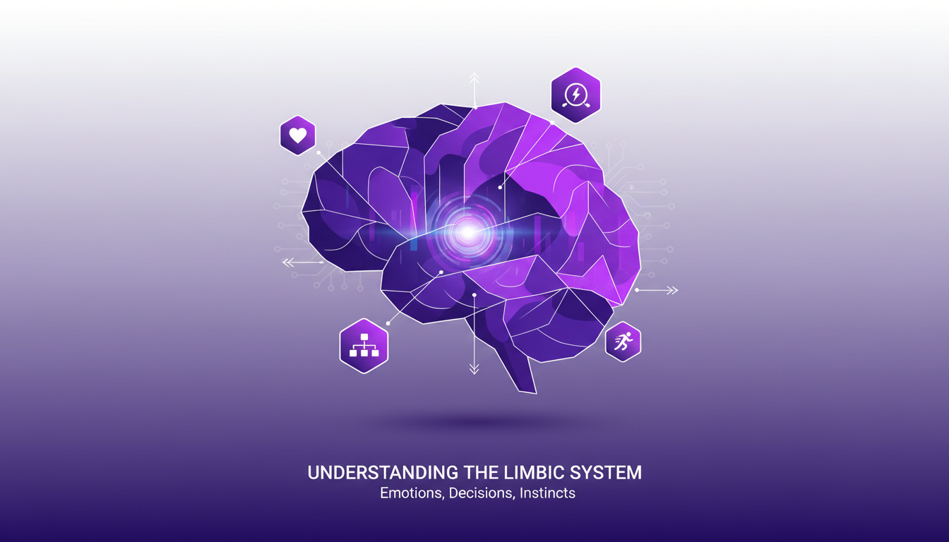 Modern illustration of the limbic system, brain's emotional hub, with geometric shapes and indigo-violet gradients.