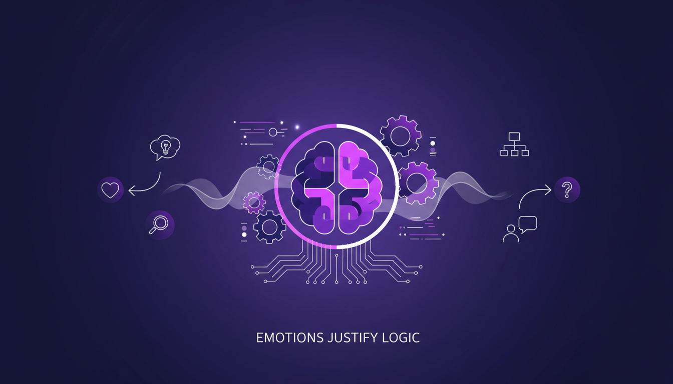 Modern illustration of emotional intelligence justifying logic, featuring geometric shapes and indigo-violet gradients.