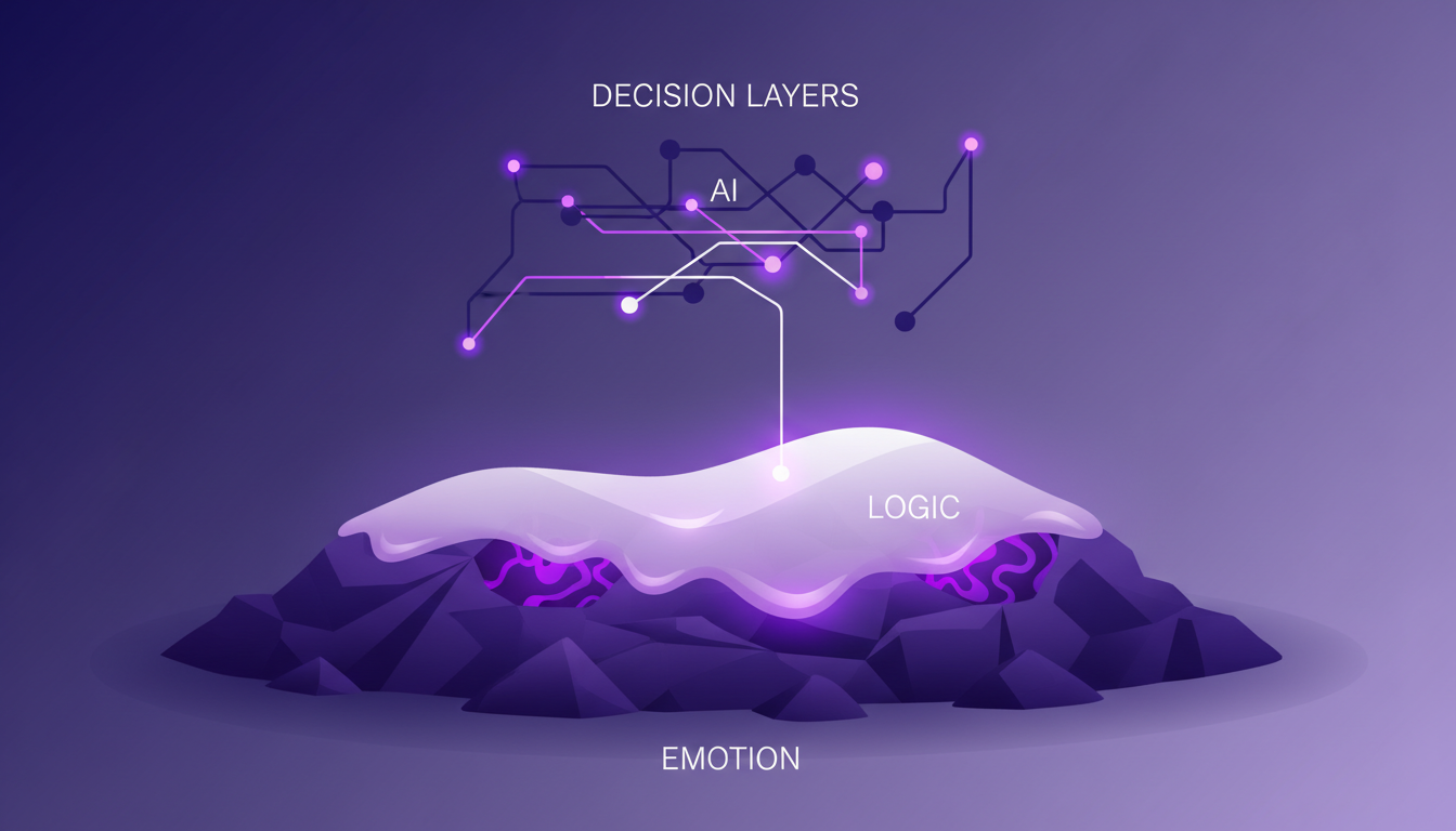 Modern illustration of metaphor: logic as icing on dirt, featuring geometric shapes, indigo and violet tones, for a blog on decision-making.