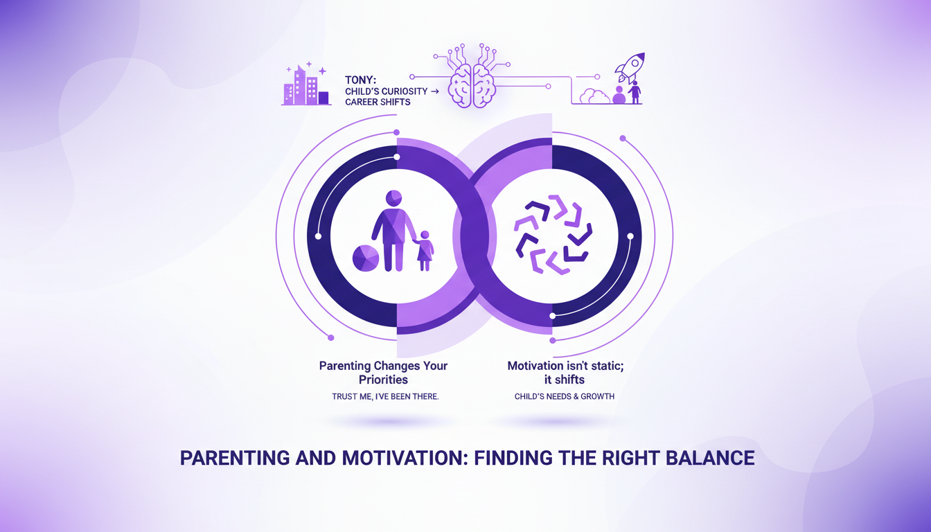 Illustration moderne de la parentalité et de la motivation, avec des formes géométriques et des dégradés indigo et violet.