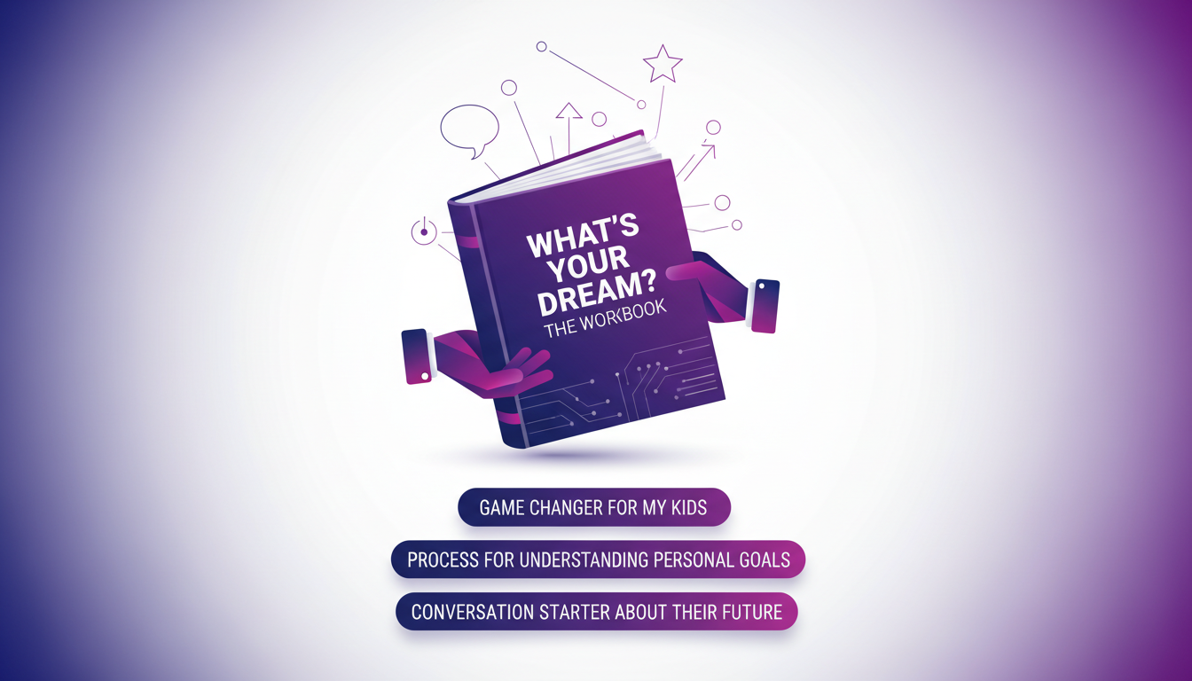 Illustration moderne du livre 'What's Your Dream? The Workbook', outil de réflexion pour enfants, avec formes géométriques et dégradés indigo.