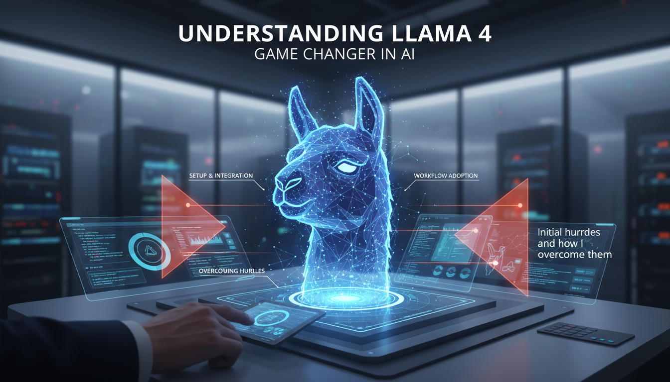 Modern illustration of Llama 4, a game changer in AI, integrated into workflow with initial hurdles overcome.