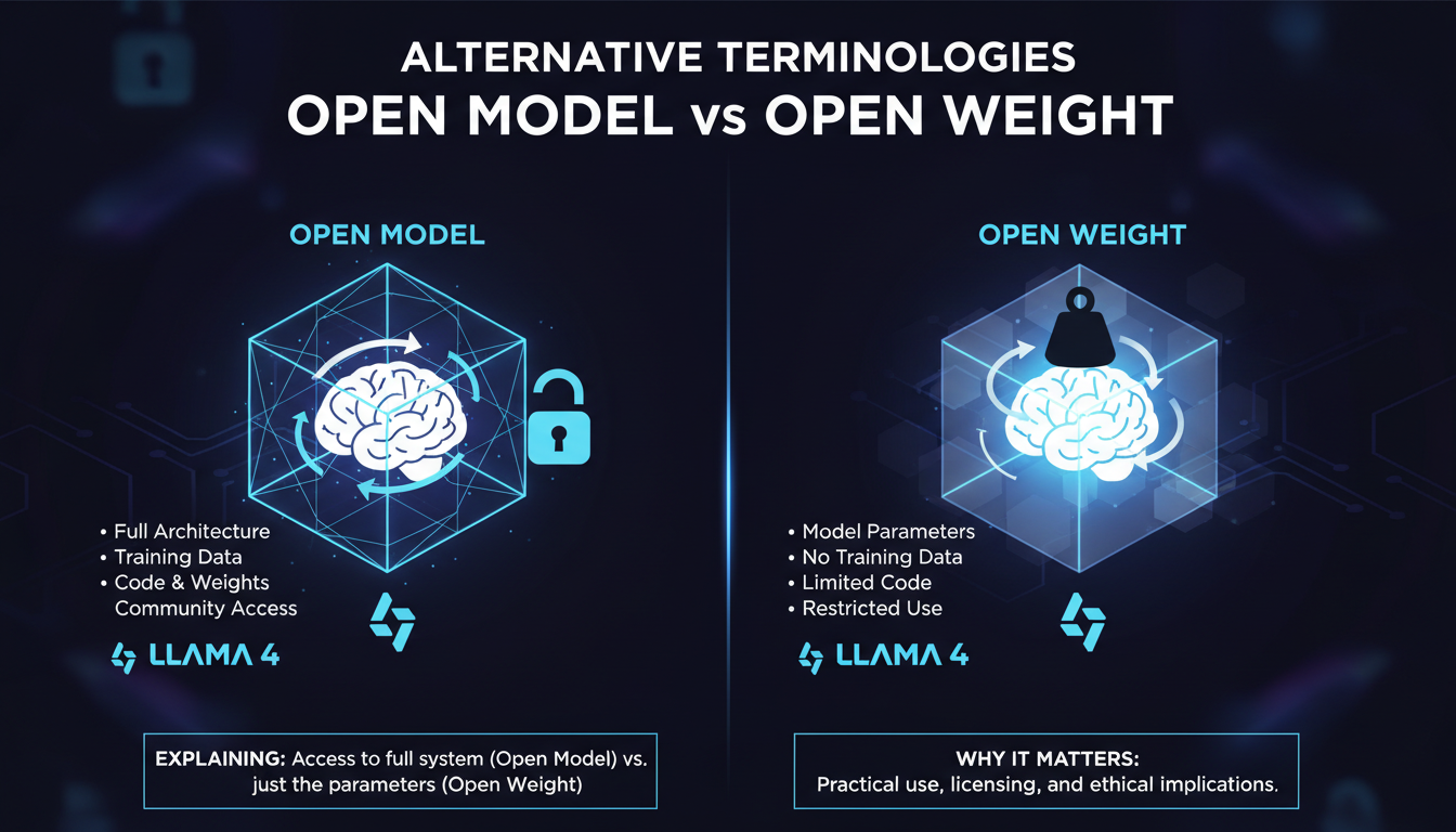 Modern illustration explaining 'open model' vs 'open weight' in Llama 4 context, highlighting terminology importance in AI tech.
