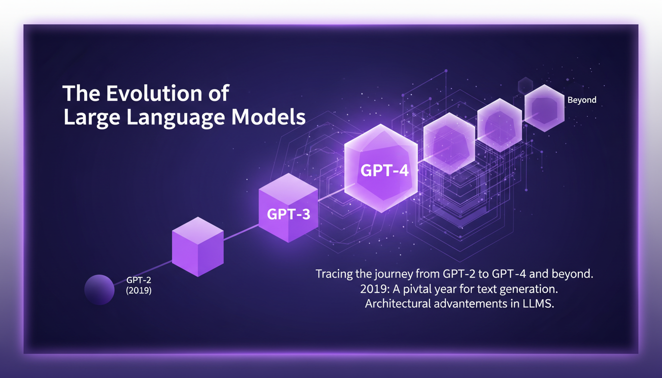 Modern illustration of large language model evolution, tracing progress from GPT-2 to GPT-4 using geometric shapes and gradient overlays.