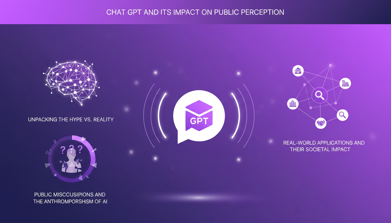 Modern illustration of Chat GPT impacting public perception, exploring hype vs reality, real-world AI applications.